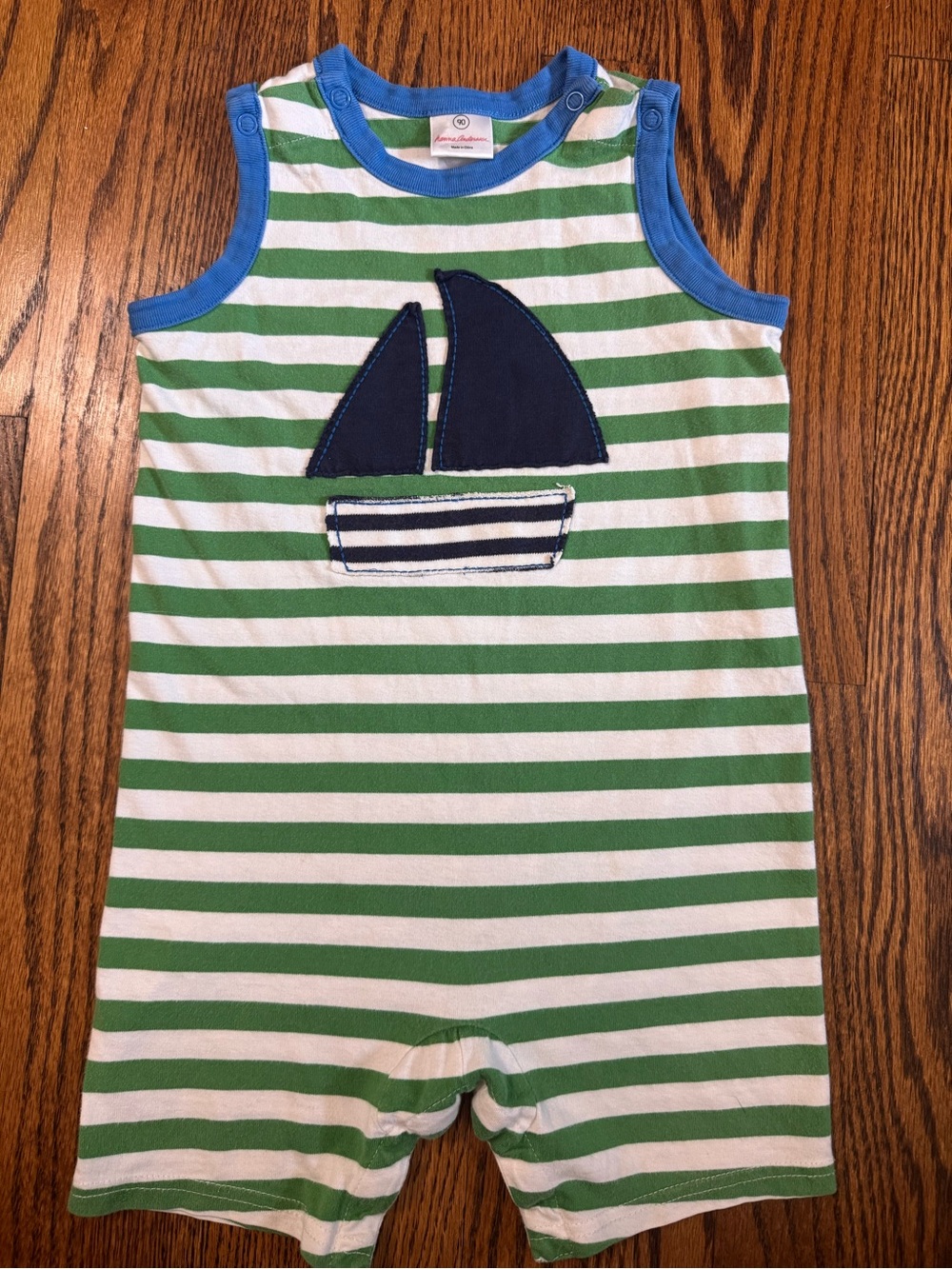 Hanna Andersson 2T Sailboat Striped Tank Romper Green White Cotton Nautical